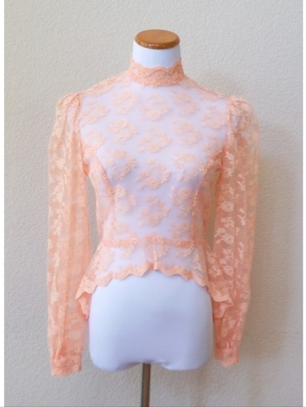Vintage 1970s elegant sheer floral lace peach color blouse